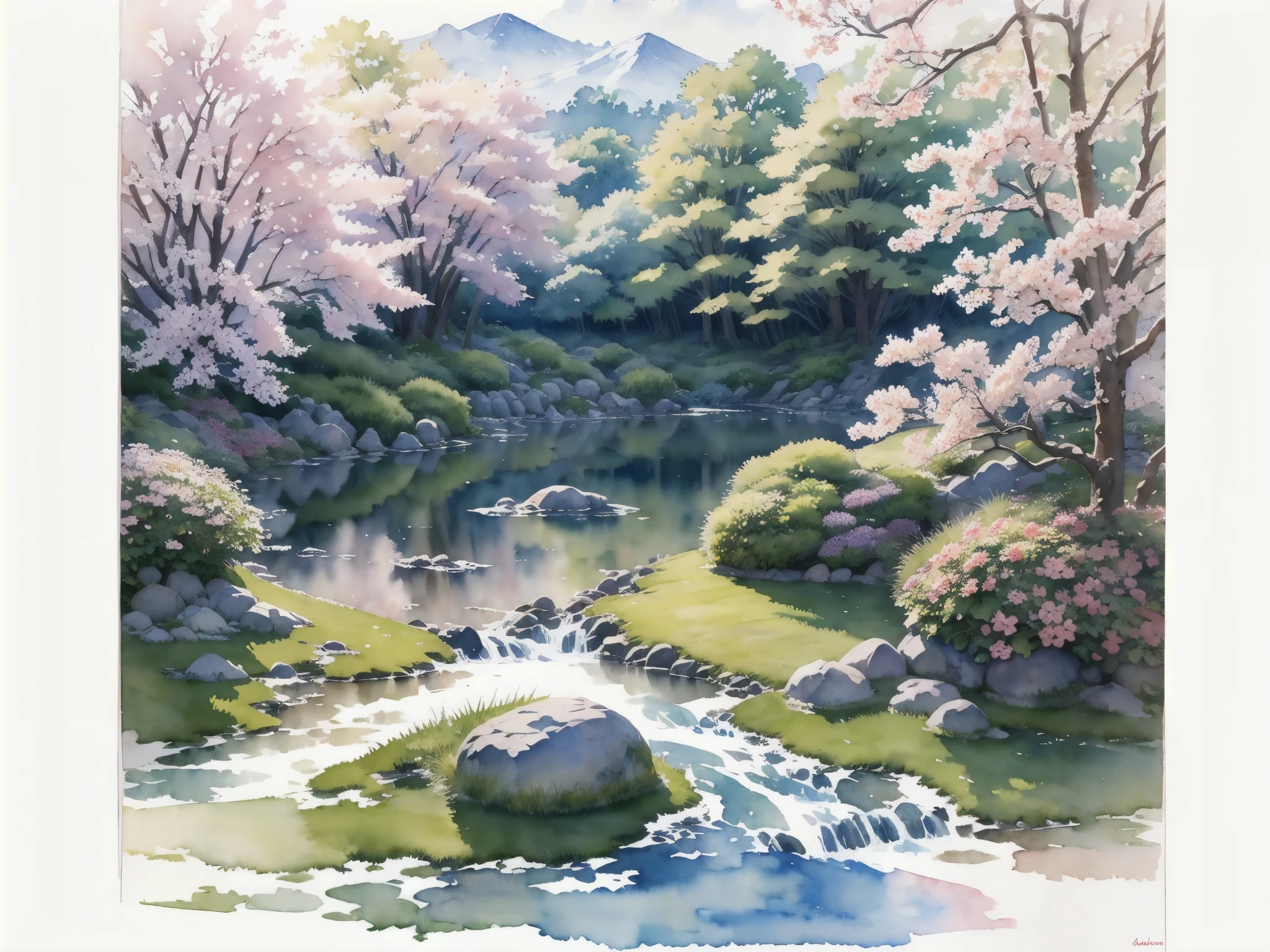 (masterpiece),(Highest quality:1.2),(Very detailed:1.2),(High resolution),(((watercolor))),8K,wallpaper,Japanese garden,spring