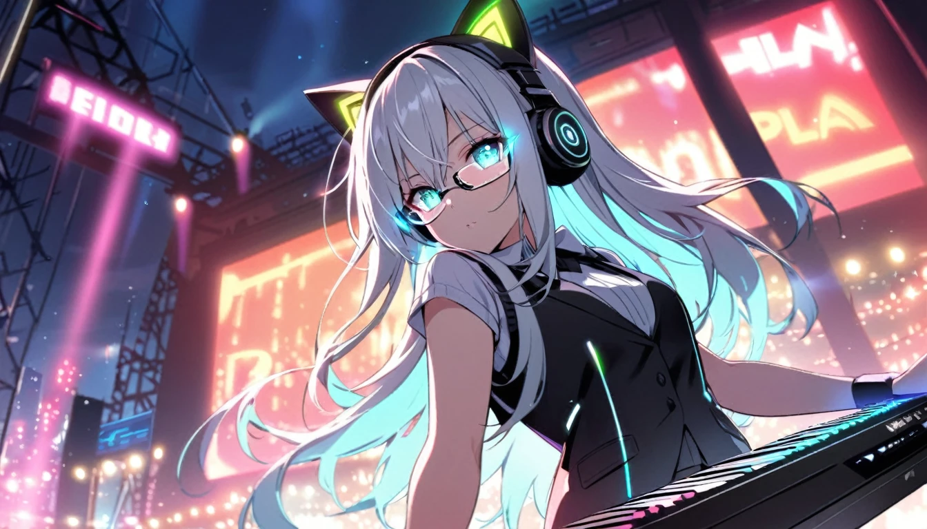 Beautiful robot, kind, single, 1 girl, neon glowing hair, wears Via glasses, headphones, cat ears, black vest decorated with hi-tech. Play keyboard music Stage venue, night, lights, neon