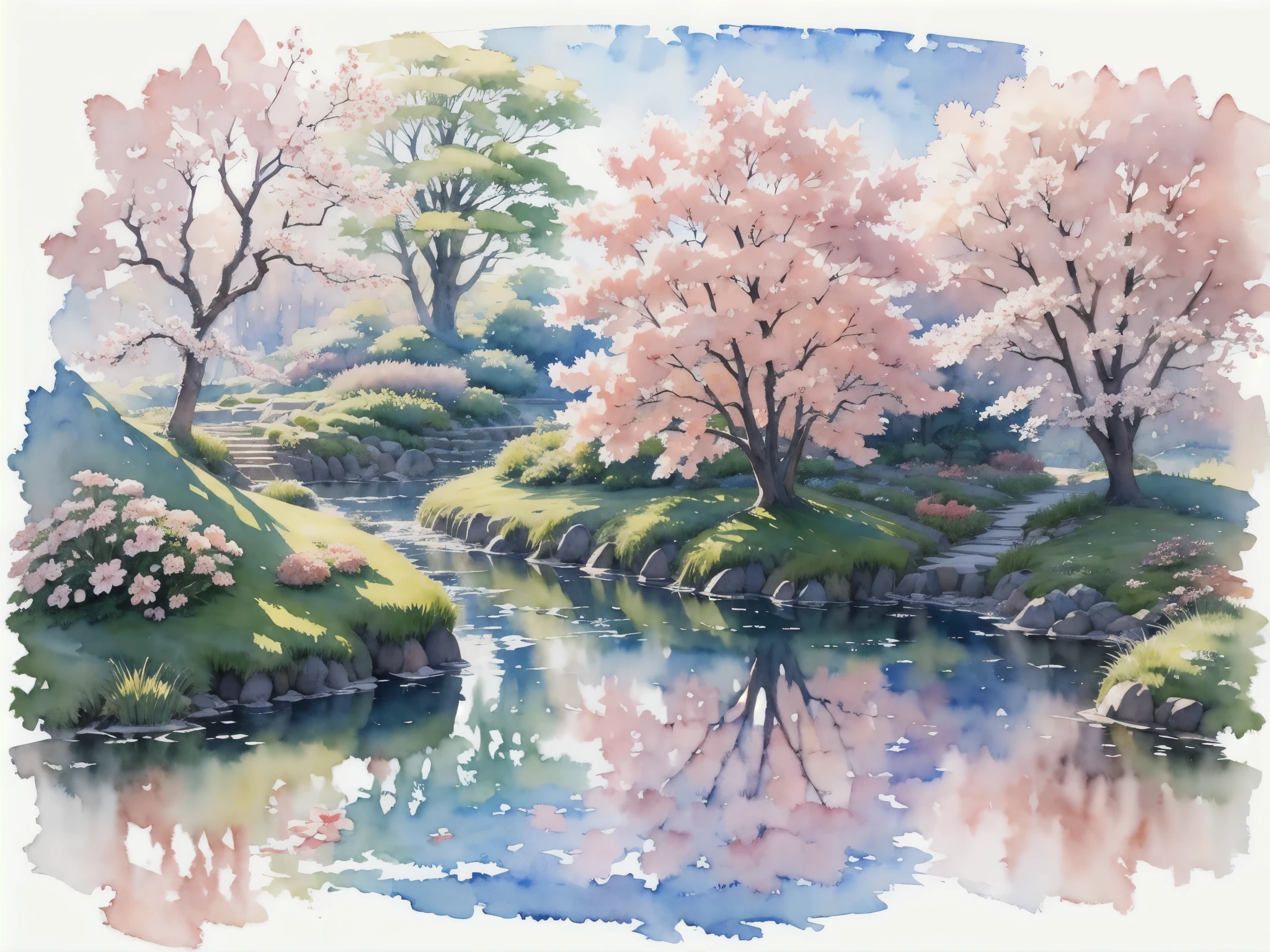 (masterpiece),(Highest quality:1.2),(Very detailed:1.2),(High resolution),(((watercolor))),8K,wallpaper,Japanese garden,spring