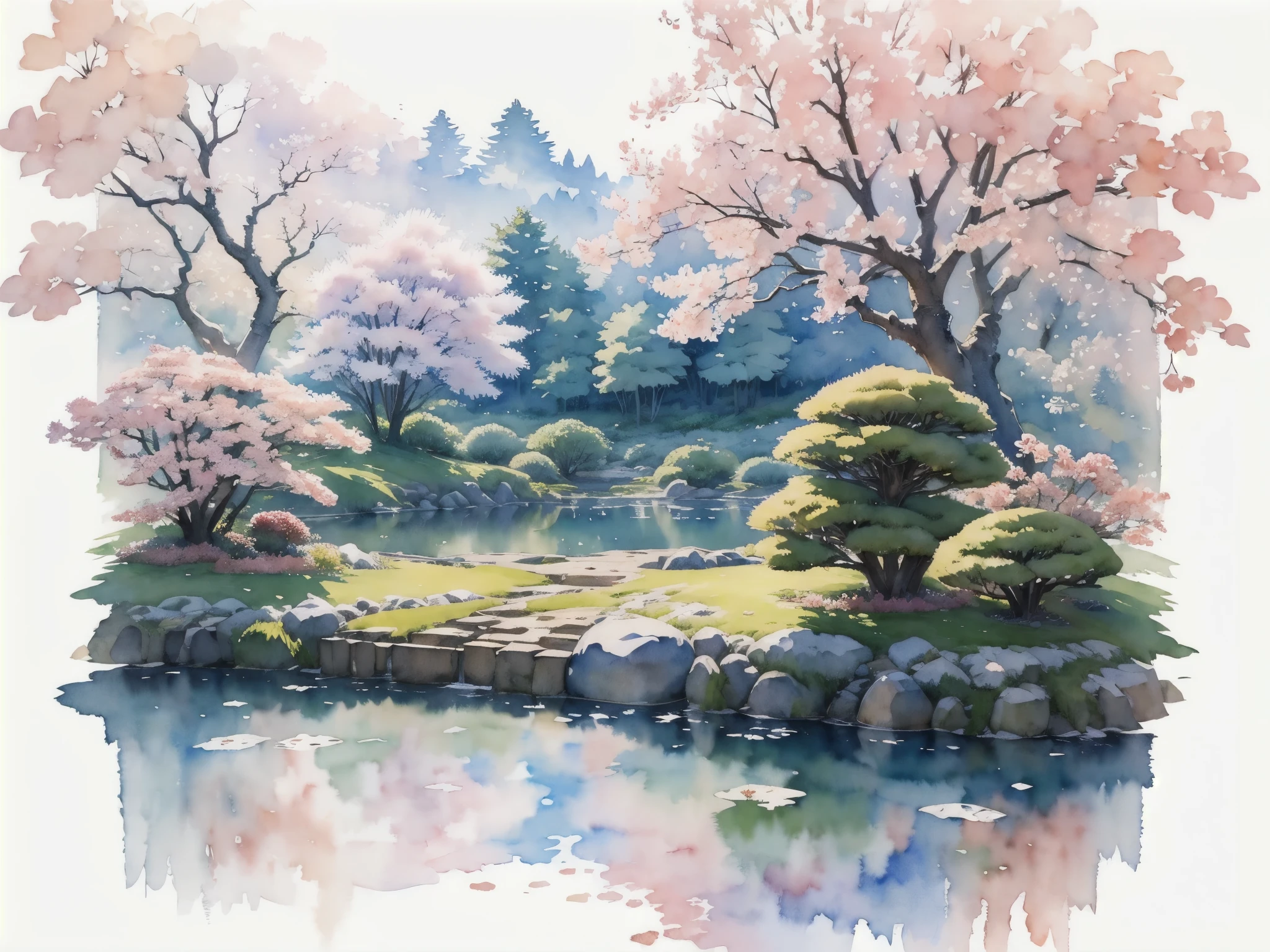 (masterpiece),(Highest quality:1.2),(Very detailed:1.2),(High resolution),(((watercolor))),8K,wallpaper,Japanese garden,spring