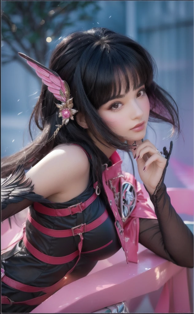 Cute girl with black hair and pink wings posing for a picture, extremely detailed, realistic