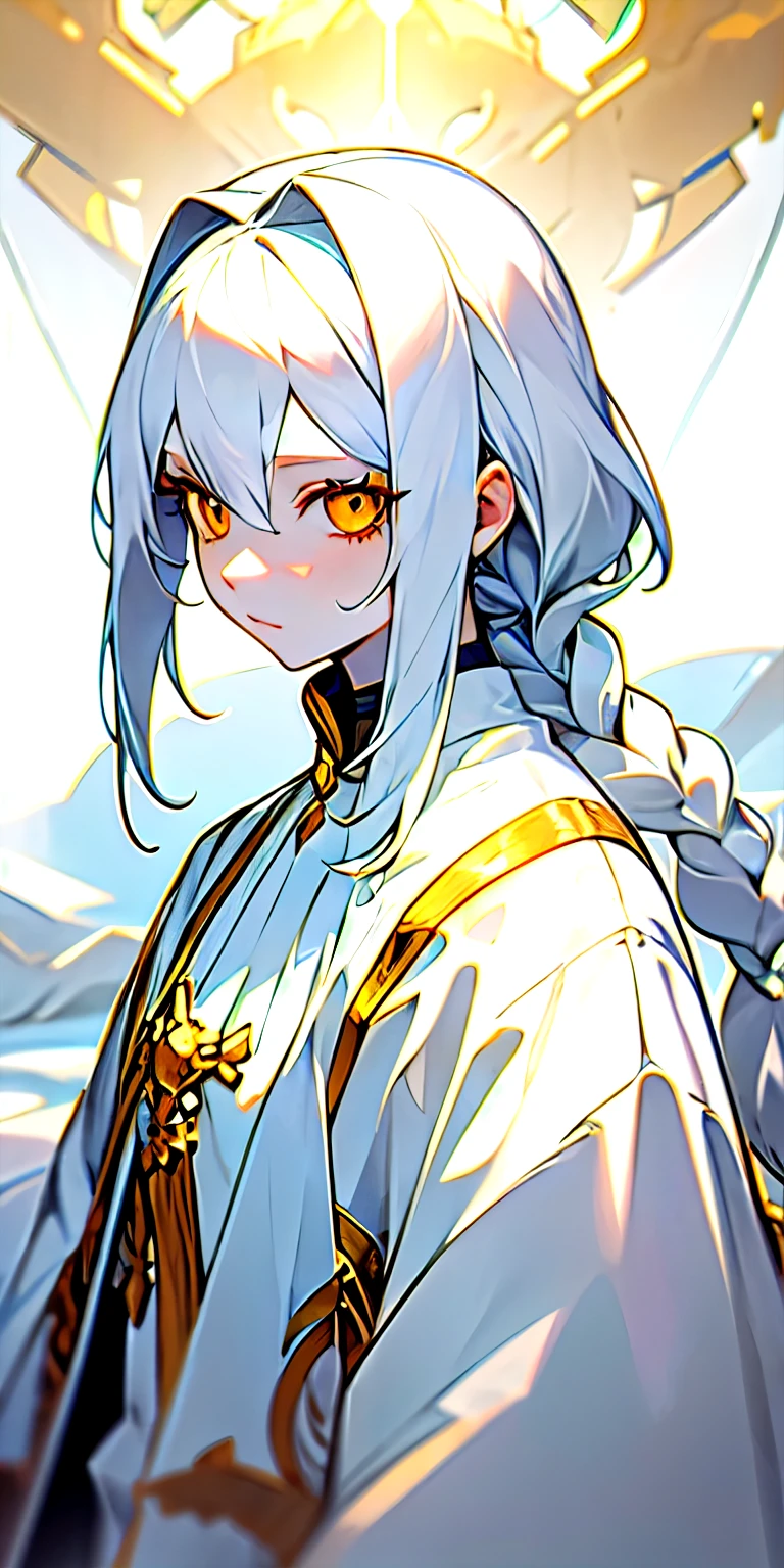 best quality, Masterpiece,white hair, golden eyes,white clothes, search, upper body,hair,white skin,side braid