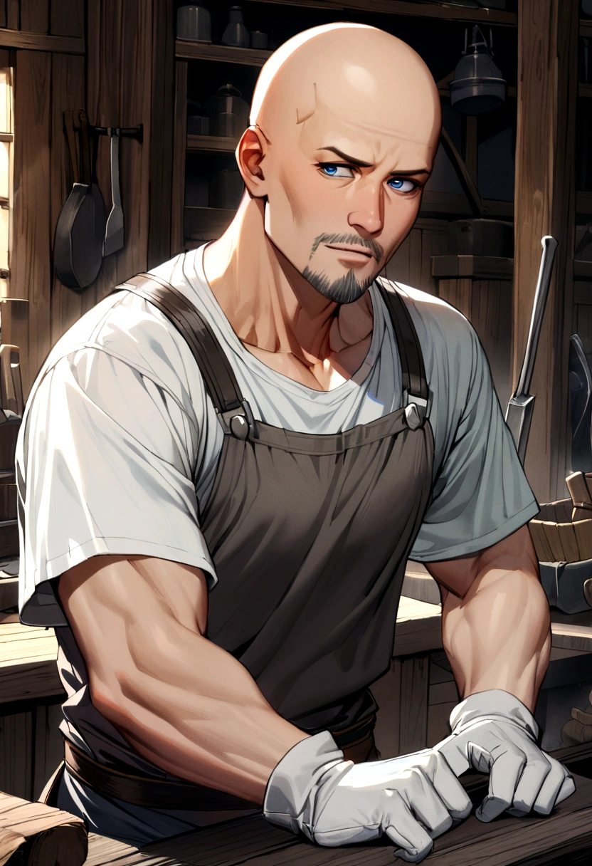 40 year old male, bald head, grey goatee, dark blue eyes, grey tank top, white t-shirt, white gloves, blacksmith