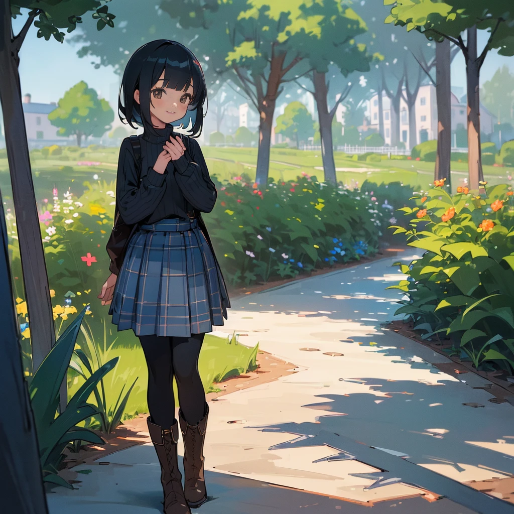 (high quality, High resolution, Very detailed, 8K, reality:1.37), Peaceful atmosphere, (Outdoor, garden), Teenage girl standing alone, Beautifully detailed features, Cute Smile, (Black bob hair), Ribbed sweater, Blue plaid skirt, black tights, Brown boots.
