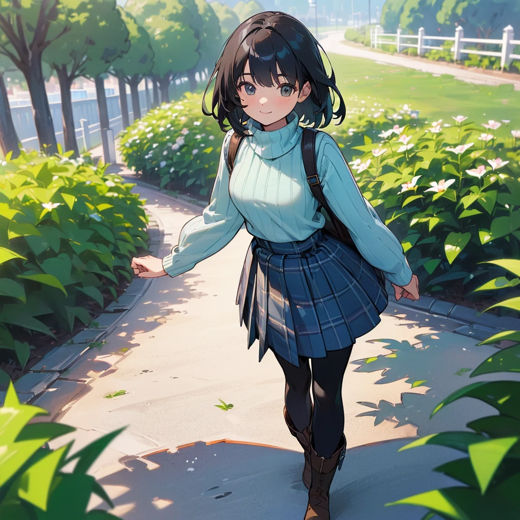 (high quality, High resolution, Very detailed, 8K, reality:1.37), Peaceful atmosphere, (Outdoor, garden), Teenage girl standing alone, Beautifully detailed features, Cute Smile, (Black bob hair), Ribbed sweater, Blue plaid skirt, black tights, Brown boots.