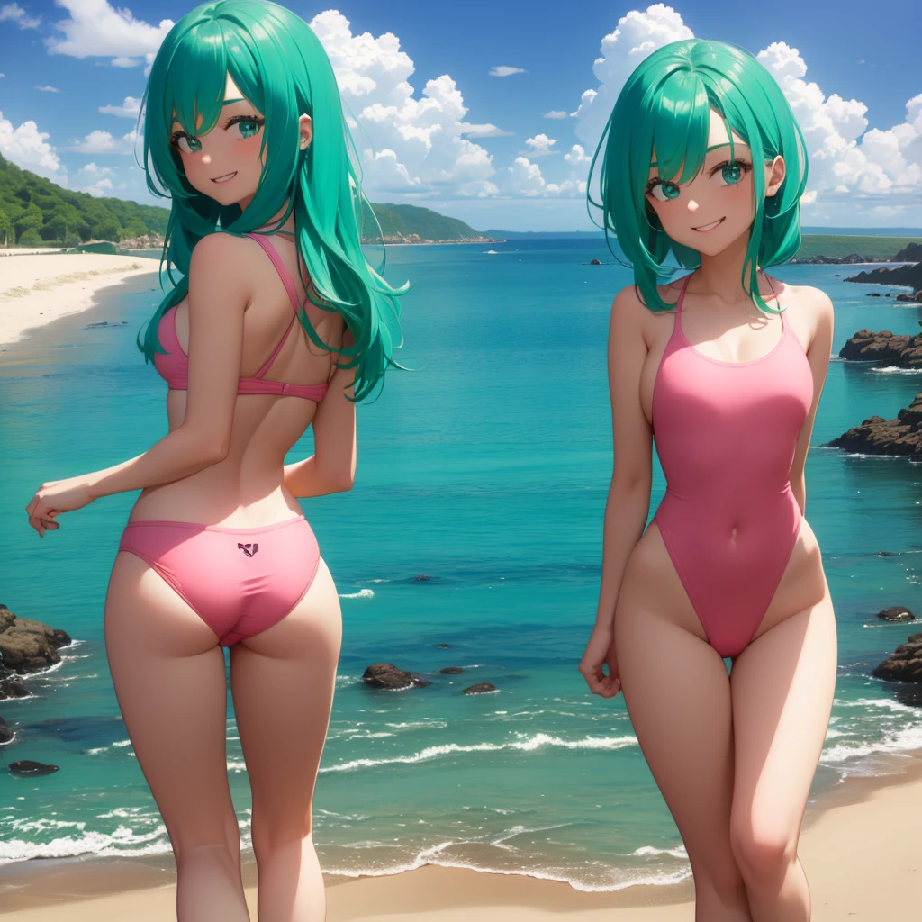 1 girl, narrow waist, wide hips, ((in a pink swimsuit)), on the beach, green hair at the ends of her hair, smiling, looking at the camera, standing with her back, bent down a little, best quality, top quality, masterpiece, more prism, vibrant color