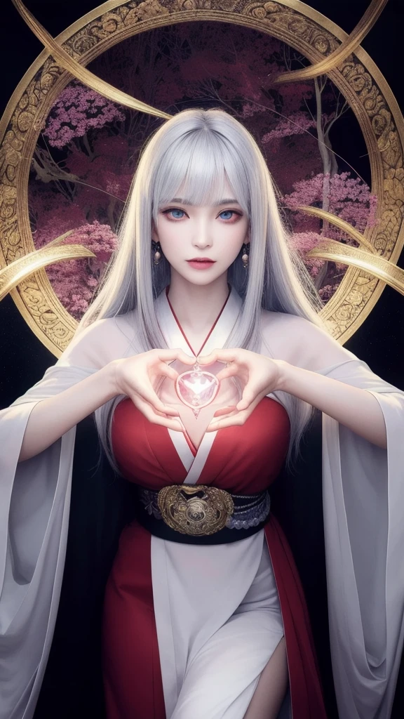 (masterpiece, top quality, 1 female, solo, exquisite details, chromatic aberration), (realistic), (skin), ((breathing)), (silver hair, blunt bangs, short cut straight long hair, short cut bangs, silver hair), beautiful hair, red headdress, blue highlights, hair over one eye, cute eyes,purple eyes, thick lips, earrings, piercing eyes, ((gold and white kimono)), ((symmetrical eyes)), ((perfectly symmetrical body)), ((perfectly symmetrical hands)), (purerosface_v1:0.3), night, (((self, natural light))), bright lighting, flowers blooming in the background, front of viewer, ((central shot, from the front, (face and waist))), mysterious atmosphere, flowers blooming around, light colored background, fortune teller in kimono, beautiful fortune teller, fortune teller, fantasy female fortune teller, female fortune teller, f Fantasy photography, magician, witch fairy tale, Japanese style, elegant cinematic fantasy art, fantasy woman, magician portrait, casting a spell, fortune teller, A powerful wizard stands in a mysterious forest, fluttering robes adorned with symbols, holding a glowing heart crystal ball, eyes glowing with mystical energy, spells leaking from his mouth, vivid swirling patterns of black magic pulsating in hues of red and blue appear in the air, magic permeates, flowers bloom and sacred creatures gaze in awe, threads of magical energy dance, revealing hidden realms and unravelling secrets, capturing the essence of this enchanting moment and bringing to life the mysterious power of black magic on a canvas of the highest quality and finest detail. Top Quality, Masterpiece, Ultra High Resolution, (Photorealistic: 1.4), RAW Photo, Sharp Focus, High Resolution, Detailed Skin, .