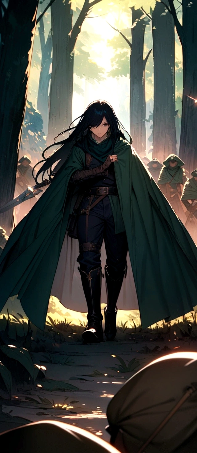 A young bandit with long hair holding a sword and his army behind him, set in a forest. Approaching perfection, Long take shot, Ultra detailed, smooth, 4K resolution. 