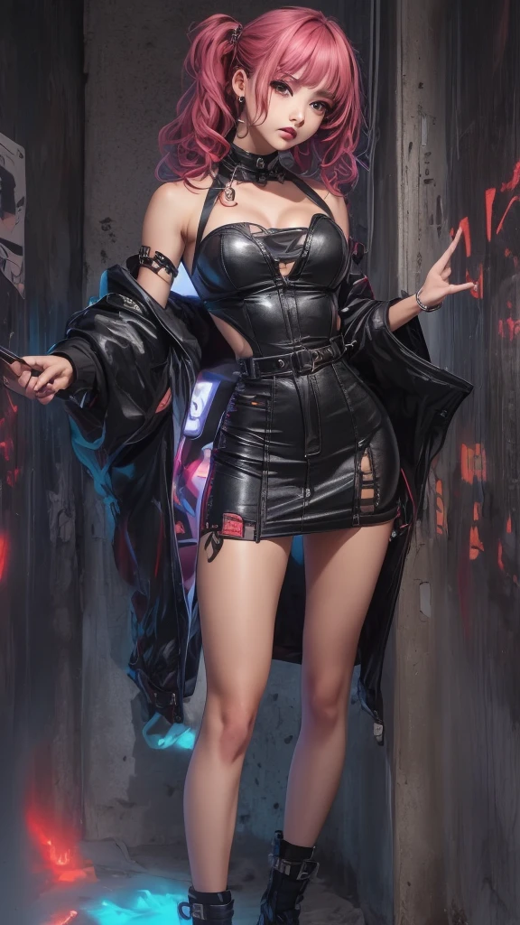 NSFW, 1girl, Rosa Rosa Rosa, Cyberpunk, ((corpo inteiro):1.5), {((uma mulher))}, (22 anos) usando {((Arabic style translucent mechanical skin:1.2, with multiple intricate neon wires detailed with metal alloy, gostosa, seio grande, sexy, seios para fora, clothes with open zippers,