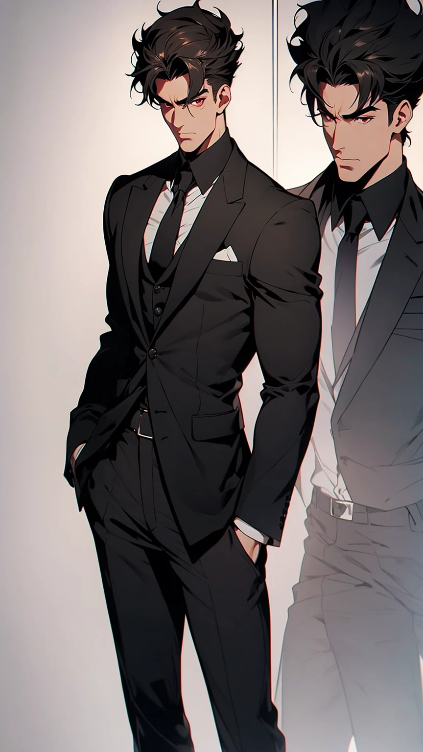 Mafia, male, 45 years old, exuding a dangerous aura, white skin, well-proportioned figure, handsome face, white skin, strong physique, red eyes, brown hair, prominent eyebrows, intricate and detailed retro gun tattoos on both arms, black jacket, pants and gloves, and a stern face. A cigar is biting on his mouth, anime