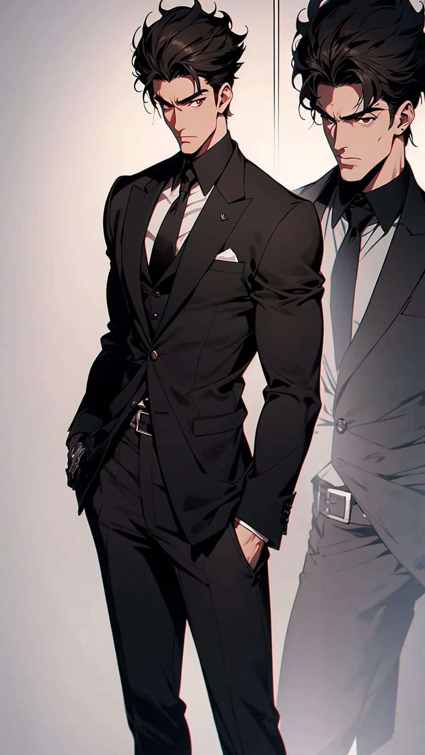 Mafia, male, 45 years old, exuding a dangerous aura, white skin, well-proportioned figure, handsome face, white skin, strong physique, red eyes, brown hair, prominent eyebrows, intricate and detailed retro gun tattoos on both arms, black jacket, pants and gloves, and a stern face. A cigar is biting on his mouth, anime