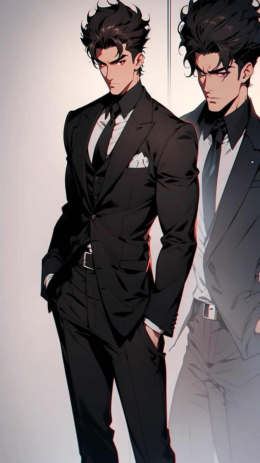 Mafia, male, 45 years old, exuding a dangerous aura, white skin, well-proportioned figure, handsome face, white skin, strong physique, red eyes, brown hair, prominent eyebrows, intricate and detailed retro gun tattoos on both arms, black jacket, pants and gloves, and a stern face. A cigar is biting on his mouth, anime
