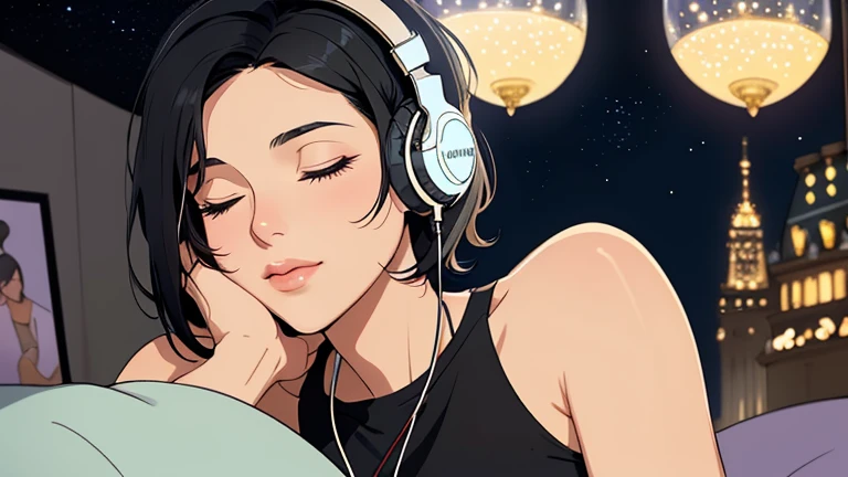 Beautiful woman in her 30s with short black hair is sitting with headphones in a stylish bedroom with a beautiful starry sky. Looking down, eyes closed, LOFI girl, relaxing mood, cozy, only five fingers, Paris city, colorful, Well-proportioned face, female Beautiful fingers, summer, Long legs