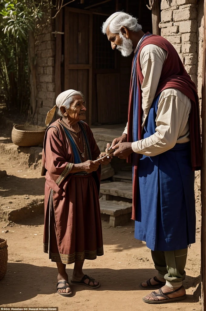 Ram standing up to a challenge or offering help to an elderly villager, showing his kind and understanding nature."