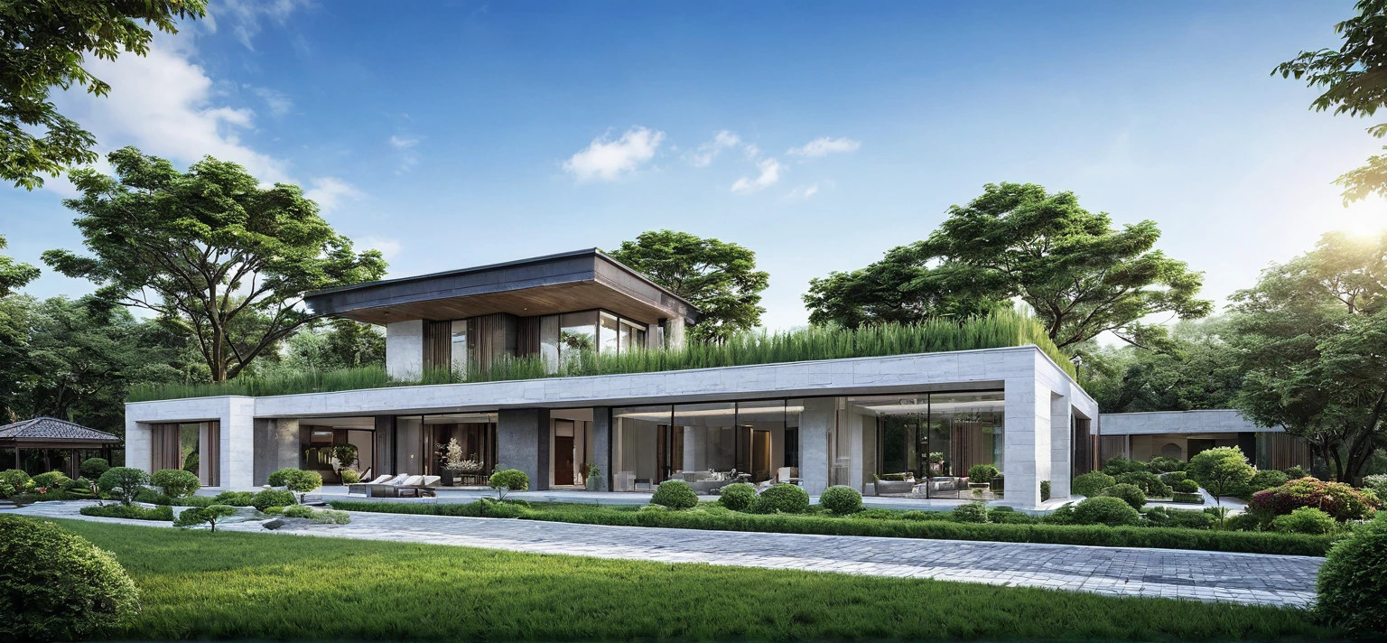 qlcd,tingyuan, photo of modern villa, grassland, garden, shrubs and trees, rock decoration, clear sky, sun light, realistic photo