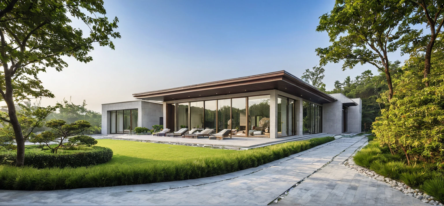 qlcd,tingyuan, photo of modern villa, grassland, garden, shrubs and trees, rock decoration, clear sky, sun light, realistic photo