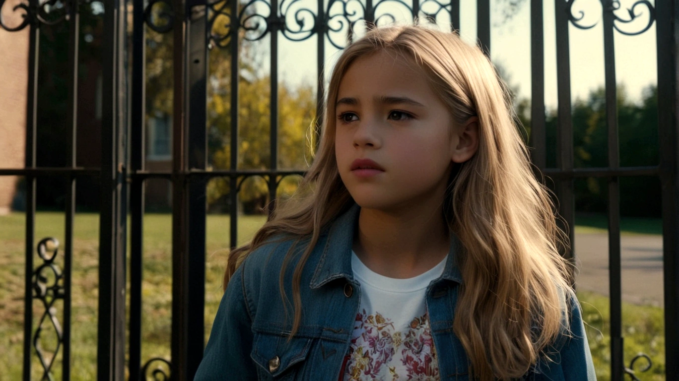 cinematic style a old female character, light hair, brown eyes, she has a face similar to the singer jon bom jove, worn jeans, white t-shirt with a denim jacket, red all star sneakers,