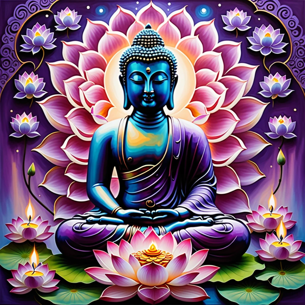 Create an artistic painting of Buddha sitting in a meditative pose on a large lotus flower. Surround Buddha with additional lotus flowers and candles, placed in a harmonious arrangement. The scene should have a peaceful and serene atmosphere. Use a gradient background transitioning from deep purple at the top to a lighter purple at the bottom. Ensure the colors are vibrant and the overall composition evokes a sense of tranquility and spiritual enlightenment.