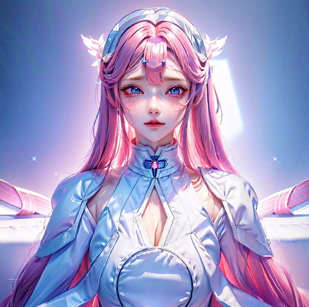 Anime girl with long pink hair and blue eyes in a white dress, portrait Zodiac Knight Girl, Portrait anime space cadet girl, Zodiac Knight Girl, Produced in collaboration with Anime Painter Studio, Anime heroine portrait, White halo, Echoes of Overwatch, Portrait of a female humanoid, Beautiful women, Digital Anime Illustration, Shiny porcelain skin, Very detailed and beautiful fan art