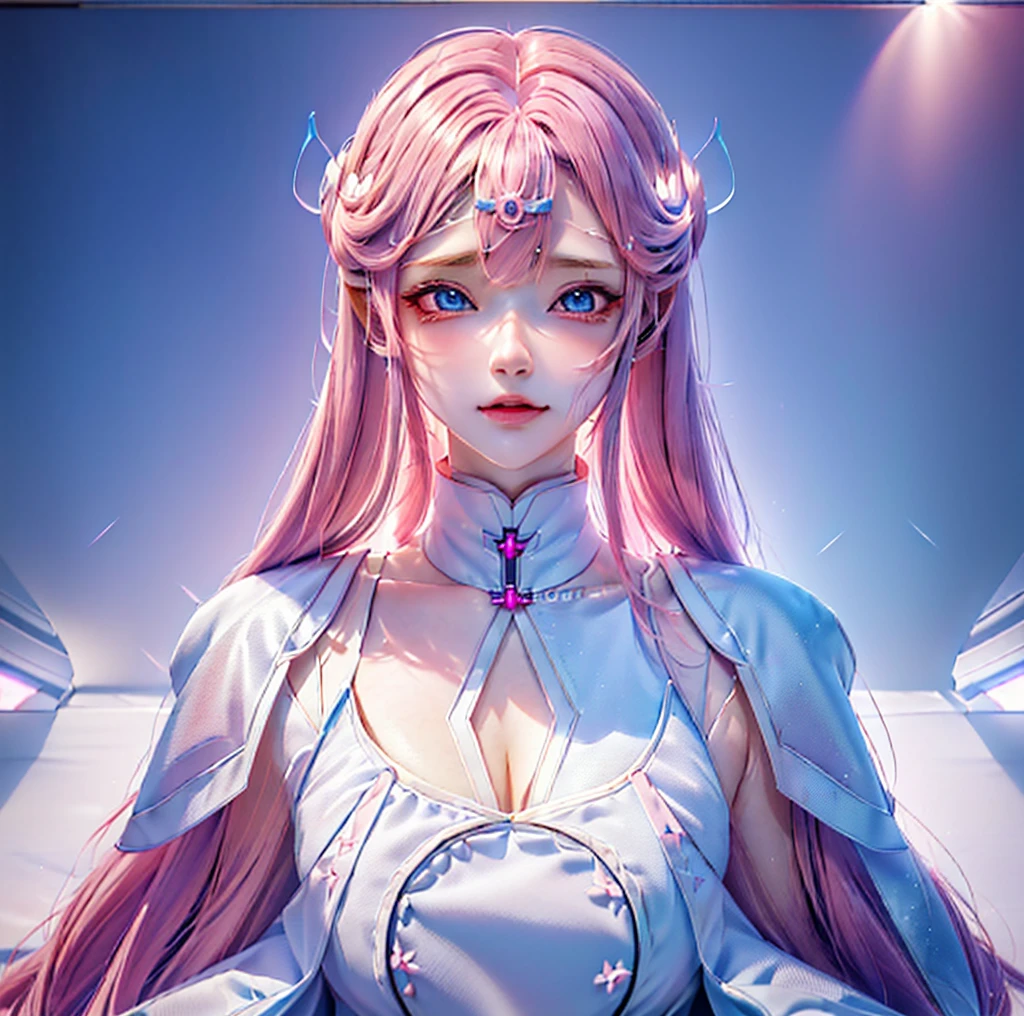 Anime girl with long pink hair and blue eyes in a white dress, portrait Zodiac Knight Girl, Portrait anime space cadet girl, Zodiac Knight Girl, Produced in collaboration with Anime Painter Studio, Anime heroine portrait, White halo, Echoes of Overwatch, Portrait of a female humanoid, Beautiful women, Digital Anime Illustration, Shiny porcelain skin, Very detailed and beautiful fan art