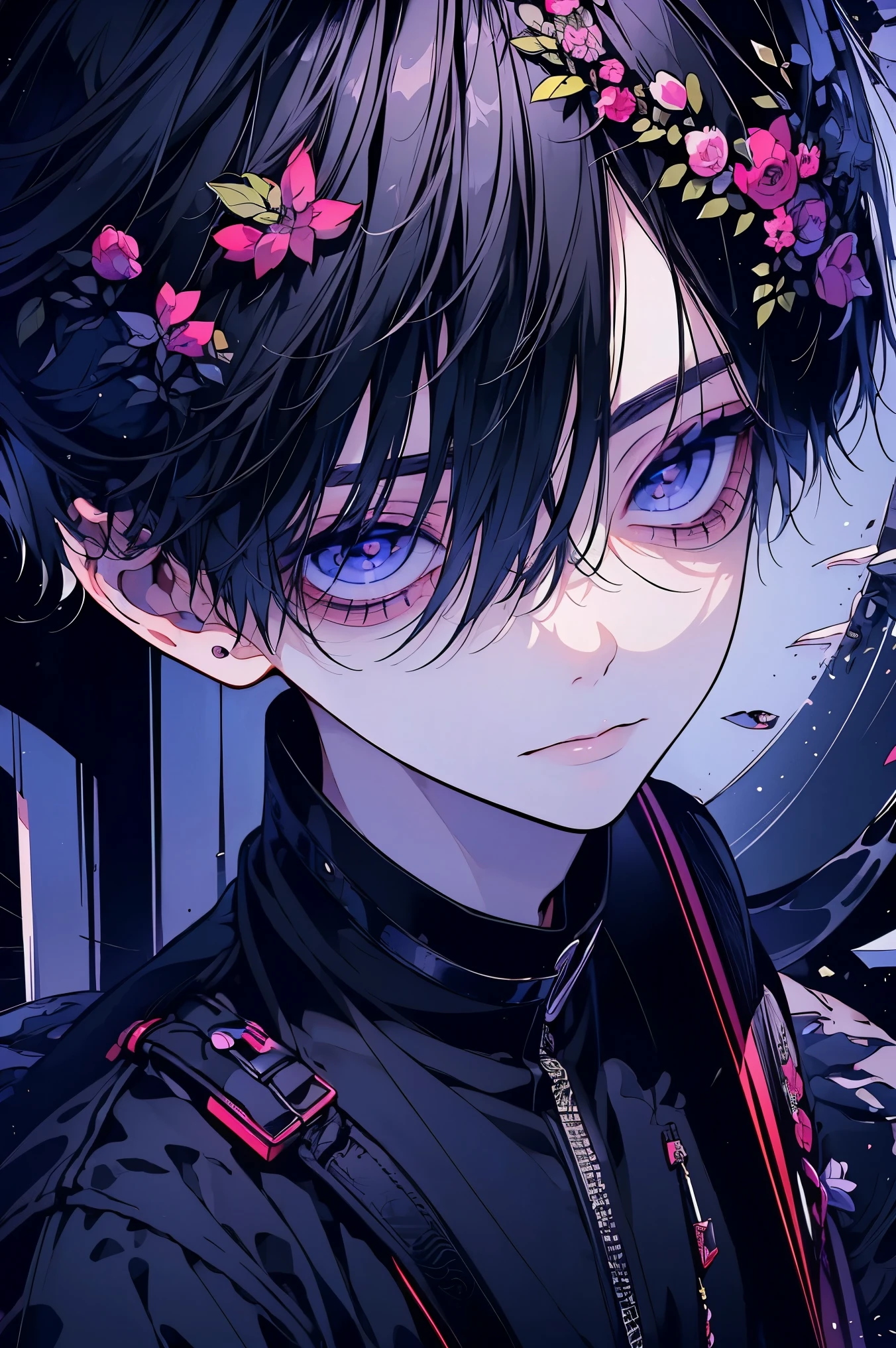 (Mastepiece), (Best Quality), Very detailed, 1 boy, Solo Shooting, Perfect Face, Beautiful Face, Very detailed顔,(Jet Black Hair:1.3),(Big eyes:1.4),(Long eyelashes:1.4)、(Jet black eyes:1.3)、Lots of flowers