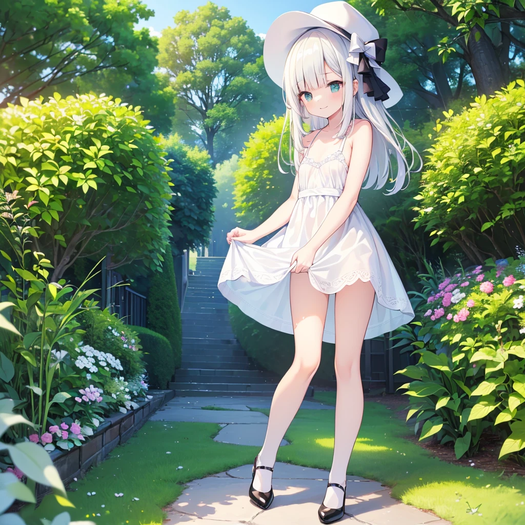 (high quality, High resolution, Very detailed, reality:1.37), Peaceful atmosphere, (Outdoor, garden), 5 year old girl standing alone, (my breasts are small.), Beautiful details, Cute Smile, (Black bob hair), White sheer camisole dress, White socks, White high heels、White Hat.NSFW、Sheer milk、Crotch showing through