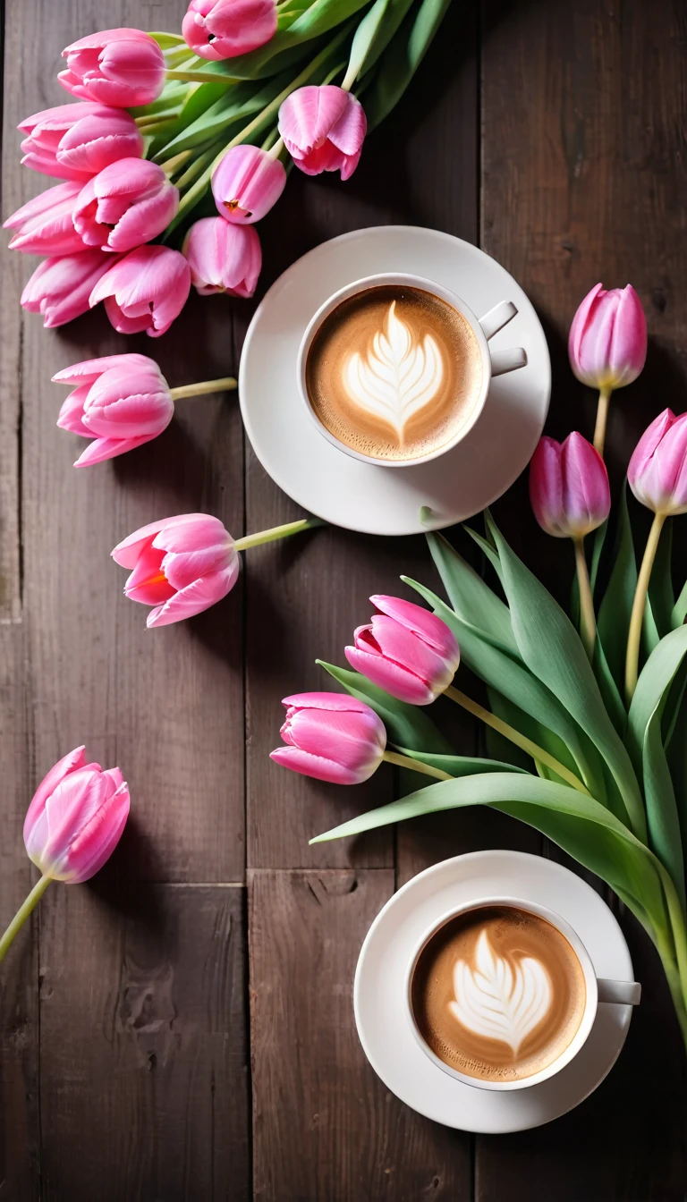 Top-down view。Pink tulips lying flat on wooden table,Beautifully,Soft light and shadow,beautiful and bright,In the fresh and bright morning,Next to it is a dark black defogged coffee cup.Clearly see the beautiful latte art。Bokeh background adds romantic atmosphere,There are no characters in the whole scene,Seems extremely peaceful and comfortable,With window background,Fresh and bright bokeh background。