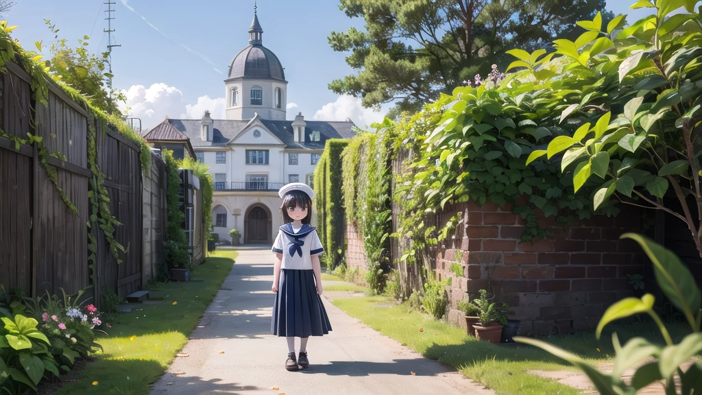 (masterpiece), town, blue sky, One Girl, smile, alone, Sailor suit、Long skirt, Overgrown, petal, plant、Skirt lining、Translucent slip、Nostalgic