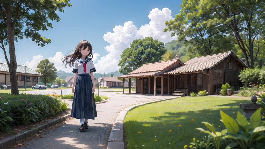 (masterpiece),  town,  blue sky,  One Girl,  smile,  alone,  Sailor suit、Long skirt,  Overgrown,  petal,  plant、Skirt lining、Translucent slip、Nostalgic