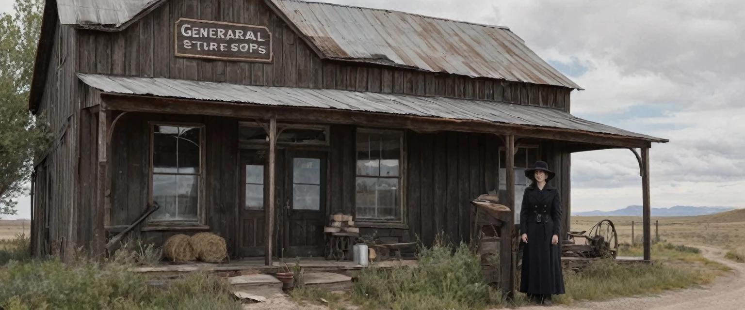 a photo of a man and woman standing next to an old 1930s' general store as illustrated in top cow comics, in the old west, featured on dribbble, kino's journey (2003), mystery and detective themed, valve promotional splash art, the 'american gothic' painting, ( ( large black hat ) ), twisted rays, scythe design, anato finnstark and kelogsloops