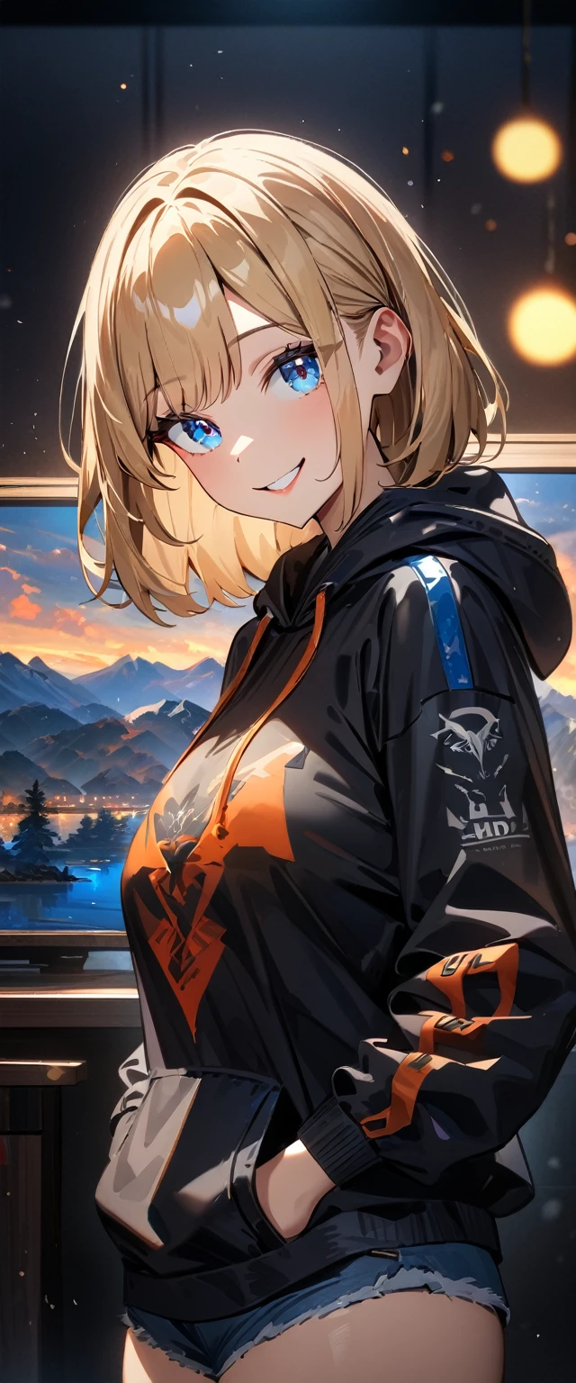 (((One girl))), blond hair, bob cut, (upper body), (looking at viewer), looking up, big breasts, head tilt, (((blue eye))), (from side), hand in pocket, ((naughty smile)), black hoodie, shorts, anime style, (best quality, 4k, 8k, highres, masterpiece:1.2, ultra-detailed, ultra-detailed eyes, HDR, UHD, studio lighting, ultra-fine painting, sharp focus, physically-based rendering, extreme detail description, professional, vivid colors, bokeh)