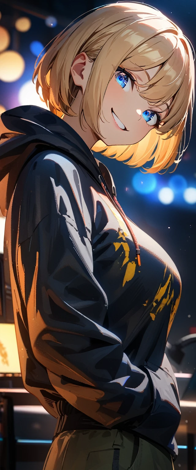 (((One girl))), blond hair, bob cut, (upper body), (looking at viewer), looking up, big breasts, head tilt, (((blue eye))), (from side), hand in pocket, ((naughty smile)), black hoodie, shorts, anime style, (best quality, 4k, 8k, highres, masterpiece:1.2, ultra-detailed, ultra-detailed eyes, HDR, UHD, studio lighting, ultra-fine painting, sharp focus, physically-based rendering, extreme detail description, professional, vivid colors, bokeh)