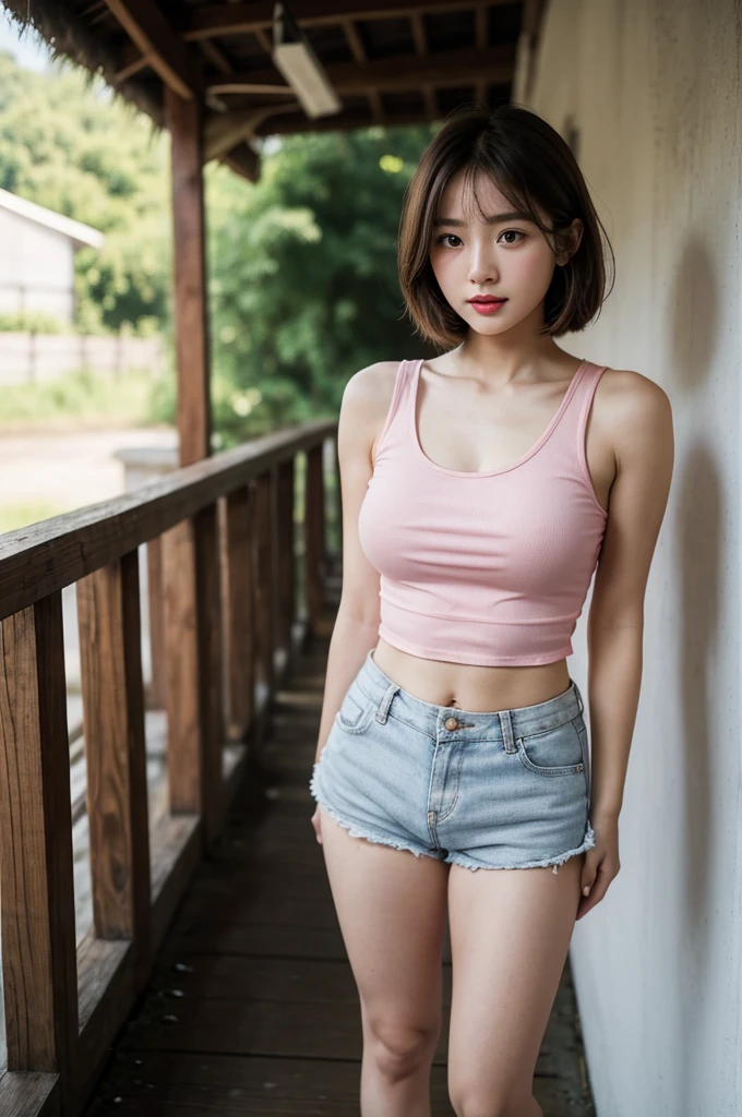 A very cute girl, solo, young, wearing pink tank top and short pants, big breasts, white and smooth skin, standing, full body, medium hairs, red lip, at farm, realistic face