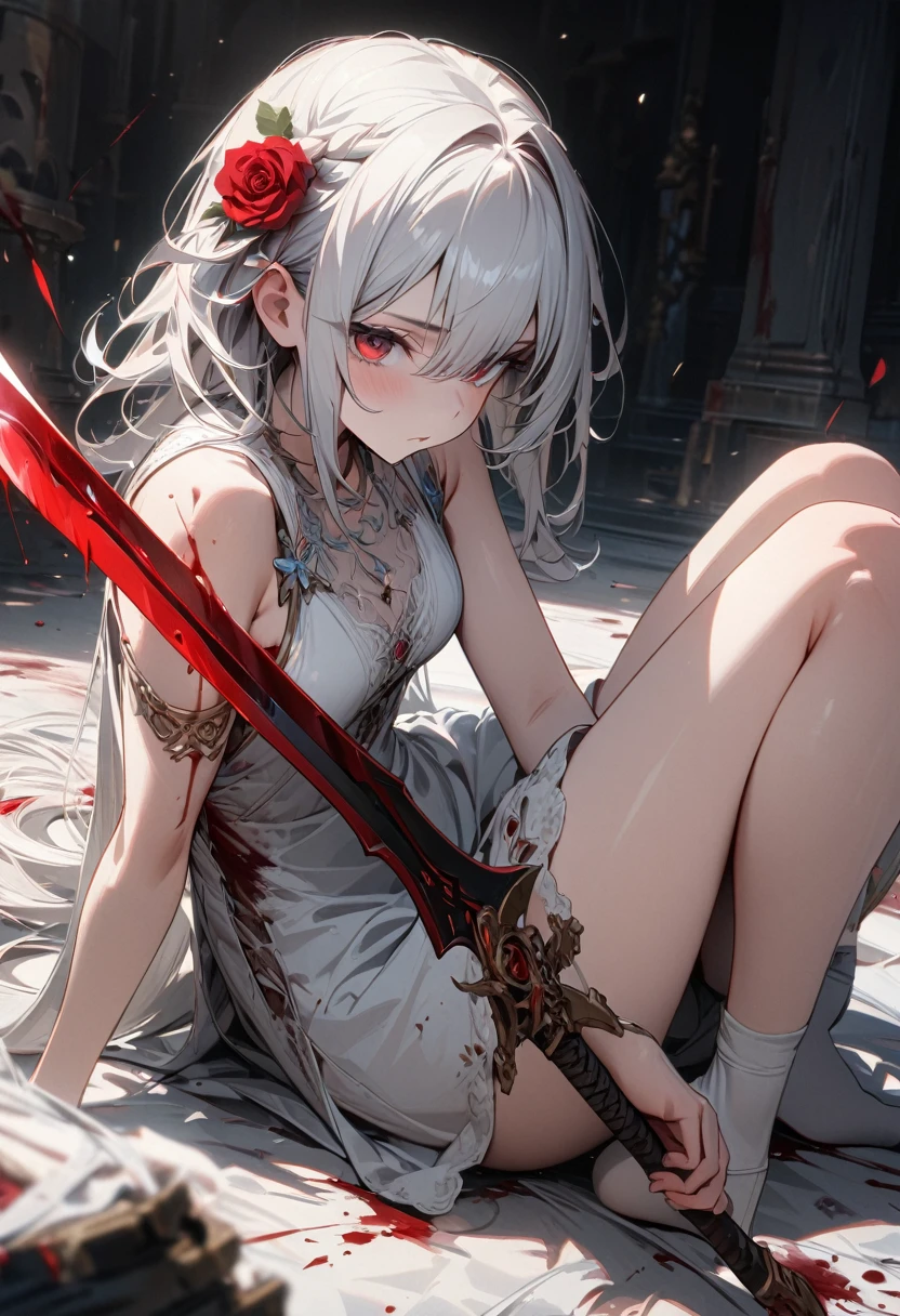 Young girl, long white hair, red eyes, rose in hair, blood blade, white dress, sleeveless, no shoes, blood, Masterpiece, best quality, Full HD, 8k, ultra details, great graphic