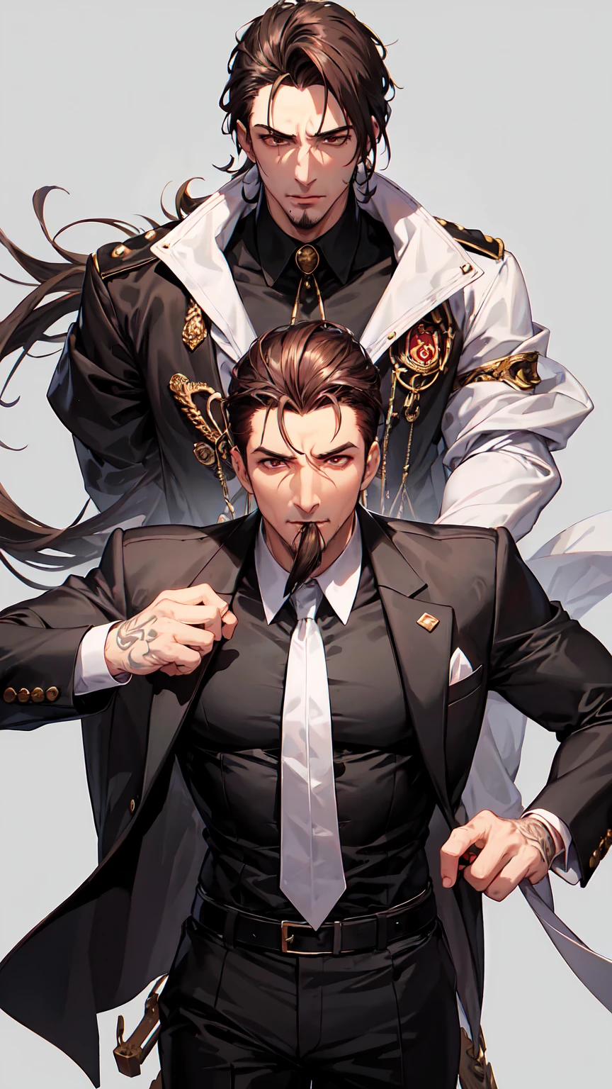 Mafia, male, 45 years old, exuding a dangerous aura, white skin, well-proportioned figure, handsome face, white skin, strong physique, red eyes, brown hair, prominent eyebrows, intricate and detailed retro gun tattoos on both arms, black jacket, pants and gloves, and a stern face. A cigar is biting on his mouth, anime