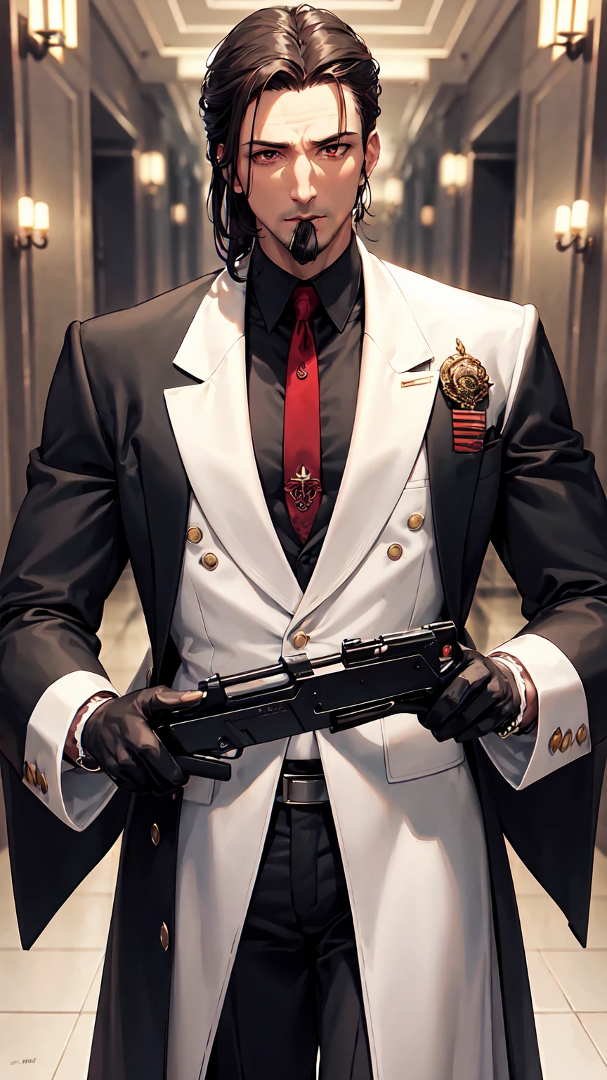 Mafia, male, 45 years old, exuding a dangerous aura, white skin, well-proportioned figure, handsome face, white skin, strong physique, red eyes, brown hair, prominent eyebrows, intricate and detailed retro gun tattoos on both arms, black jacket, pants and gloves, and a stern face. A cigar is biting on his mouth, anime