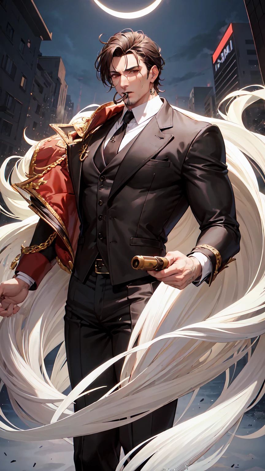 Mafia, male, 45 years old, exuding a dangerous aura, white skin, well-proportioned figure, handsome face, white skin, strong physique, red eyes, brown hair, prominent eyebrows, intricate and detailed retro gun tattoos on both arms, black jacket, pants and gloves, and a stern face. A cigar is biting on his mouth, anime