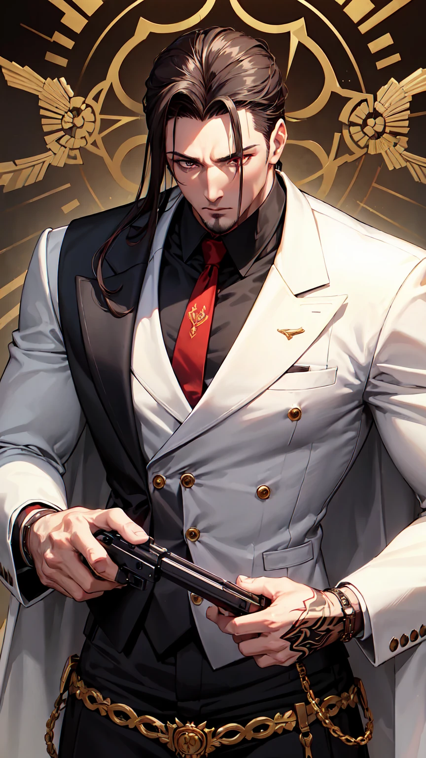 Mafia, male, 45 years old, exuding a dangerous aura, white skin, well-proportioned figure, handsome face, white skin, strong physique, red eyes, brown hair, prominent eyebrows, intricate and detailed retro gun tattoos on both arms, black jacket, pants and gloves, and a stern face. A cigar is biting on his mouth, anime