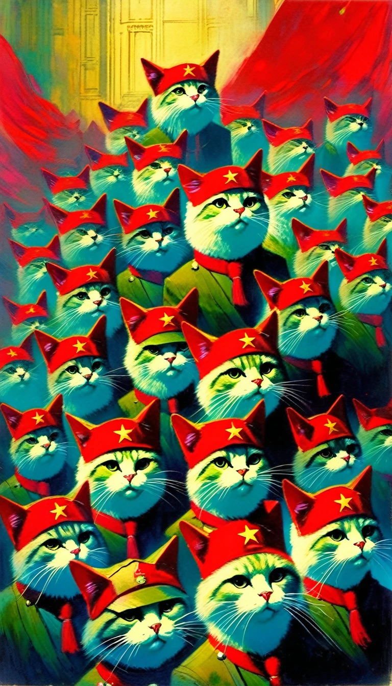 the communist cat conclave, (art inspired in Bill Sienkiewicz). oil painting) 