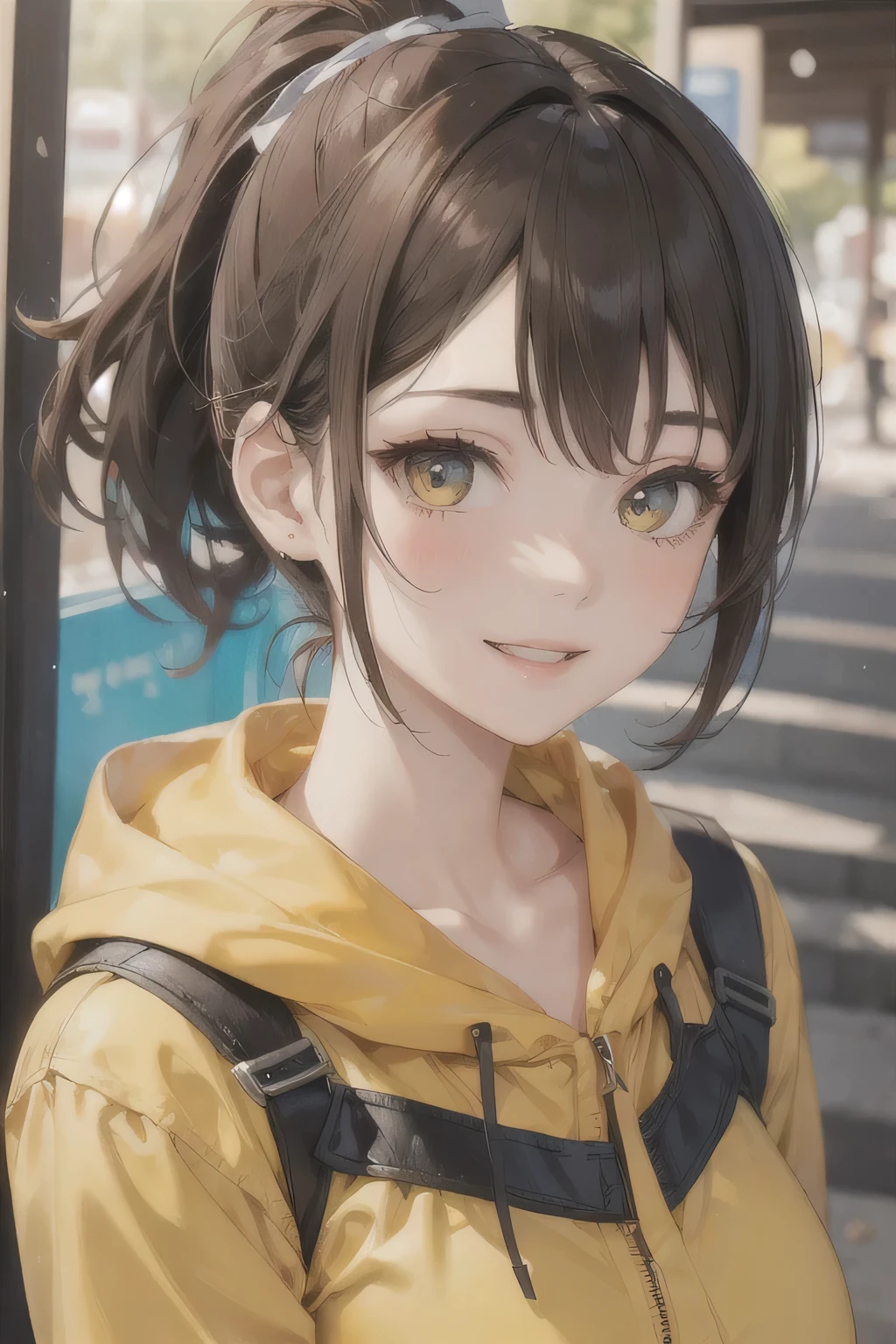Portrait of a Girl,alone,20-year-old,Beautiful Face,Upper Body,ponytail, Brown Hair, Sharp focus,Yellow clothes、Bright smile、Cheerful pose、Big eyes