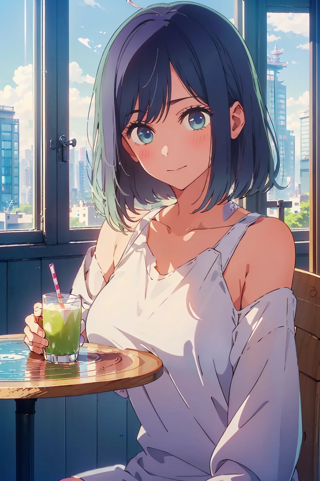 (Highest quality:1.4、8K:1.4、detailed)、F cup bust、Big Breasts、Slim body、Very white beautiful skin、((((1 person、smile、Surprised expression、sit、Chair、In the background are the urban buildings of Tokyo、looking at the camera、Indoor cafe terrace、Navy hair color、Straight Long Hair、juice、table、Shooting up close、Shooting from an angle、Very cute face))))、nude、Areola、Off-the-shoulder blouson、(Pose with hair tucked behind ear with one hand:1.4)、Nipples、Very blue sky、A completely cloudless sky