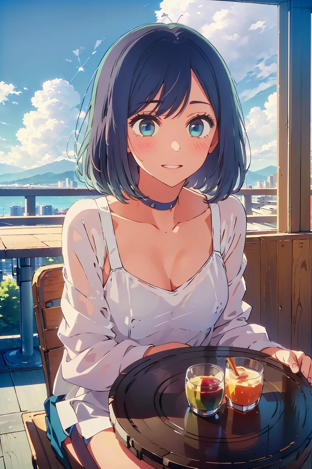 (Highest quality:1.4、8K:1.4、detailed)、F cup bust、Big Breasts、Slim body、Very white beautiful skin、((((1 person、smile、Surprised expression、sit、Chair、In the background are the urban buildings of Tokyo、looking at the camera、Indoor cafe terrace、Navy hair color、Straight Long Hair、juice、table、Shooting up close、Shooting from an angle、Very cute face))))、nude、Areola、Off-the-shoulder blouson、(Pose with hair tucked behind ear with one hand:1.4)、Nipples、Very blue sky、A completely cloudless sky
