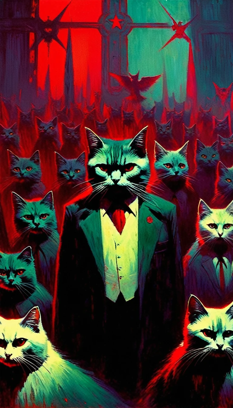 the satanist cat conclave, horror tones, communist cats (art inspired in Bill Sienkiewicz). oil painting) 