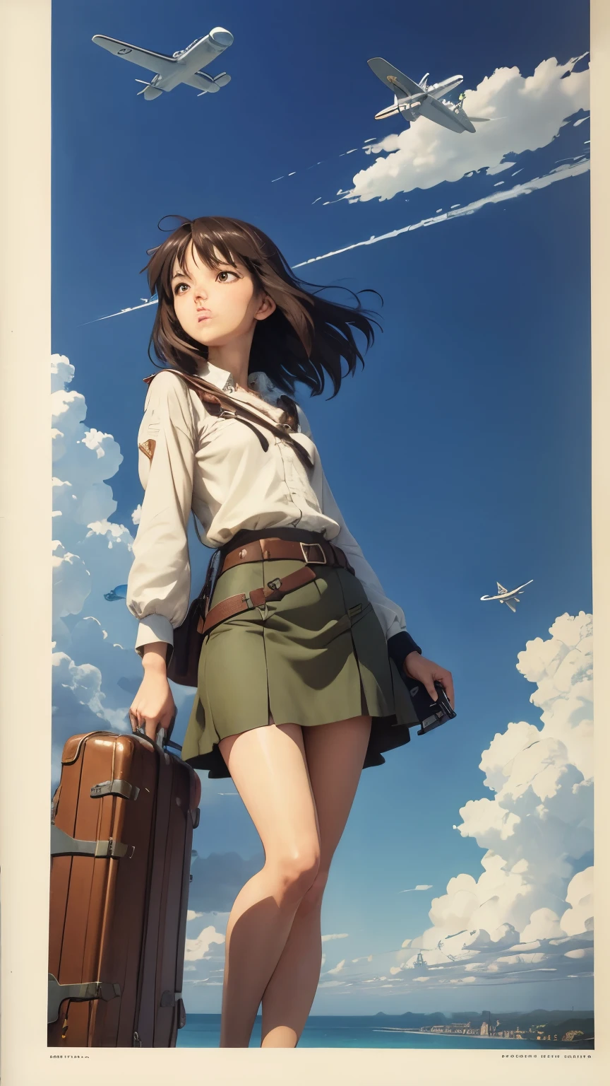 Makoto Shinkai, Sergio Toppi full colours, Fina Rifà, Ana Juan, Esteban Maroto, Surrealism, strange, bizarre, fantastical, fantasy, Sci-fi fantasy, anime, miniskirt pretty aviator, perfect voluminous body, solo girl, little moon in the sky, aviation events, model airplanes, airplane sales, airplane jazz, sky cities, philosophy of air raids, flying dreams, detailed masterpiece bird’s eye views hand coloured drawing Zoom in coquettish embarrassed cute shy blushing