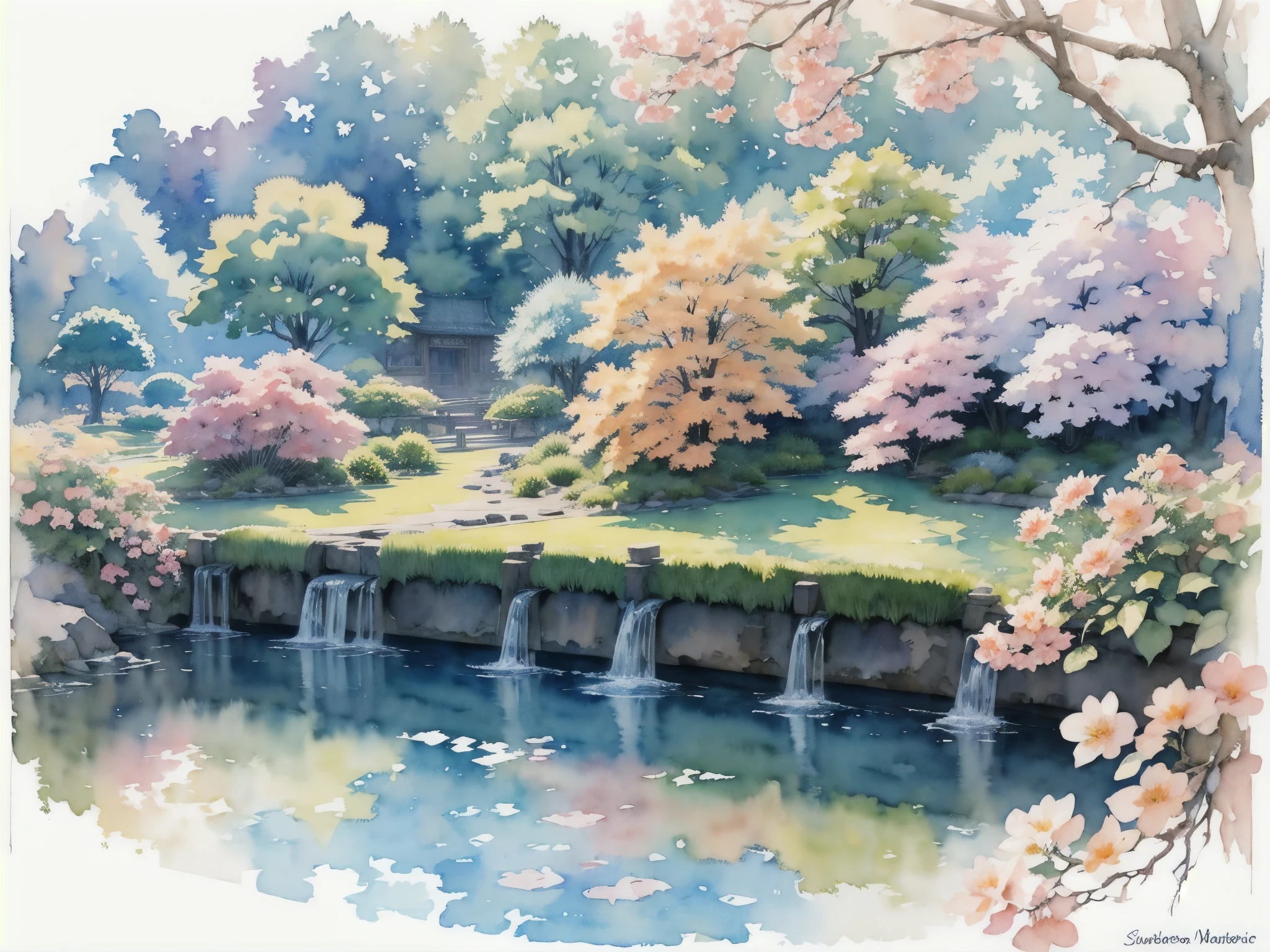 (masterpiece),(Highest quality:1.2),(Very detailed:1.2),(High resolution),(((watercolor))),8K,wallpaper,Japanese garden,summer