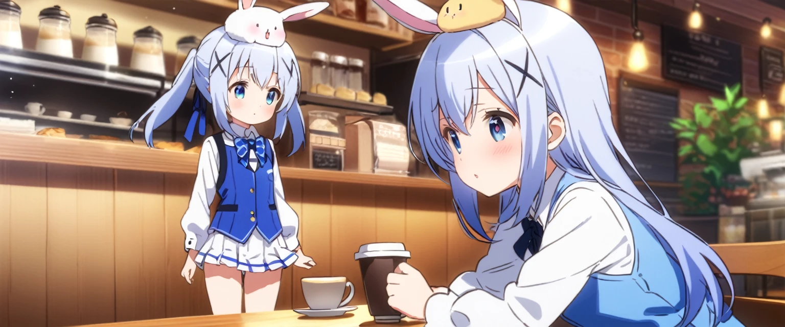 chino, best quality,perfect face, shining eyes, cafe,coffee,****,full body,blue vest,short skirt,embarrassing,rabbit is on the head