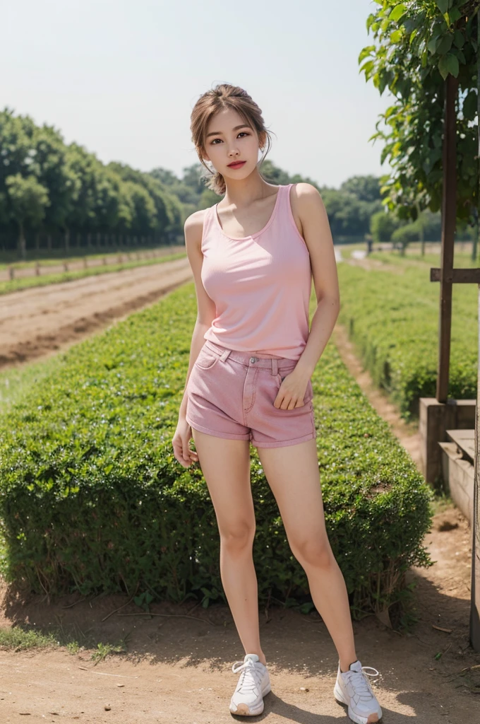 A very cute girl, solo, young, wearing pink tank top and short pants, big breasts, white and smooth skin, standing, full body, medium hairs, red lip, at farm, realistic face