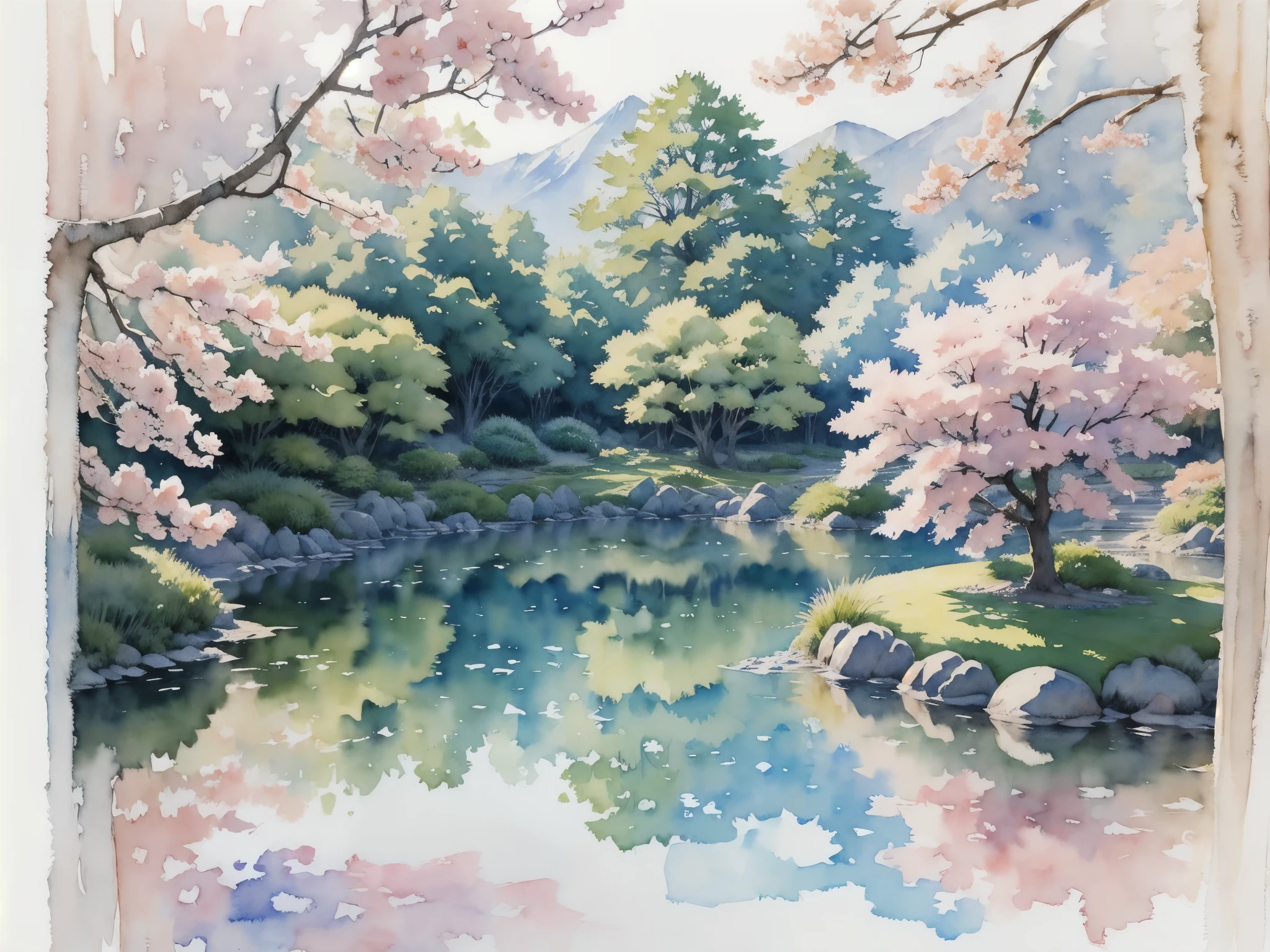 (masterpiece),(Highest quality:1.2),(Very detailed:1.2),(High resolution),(((watercolor))),8K,wallpaper,Japanese garden,summer