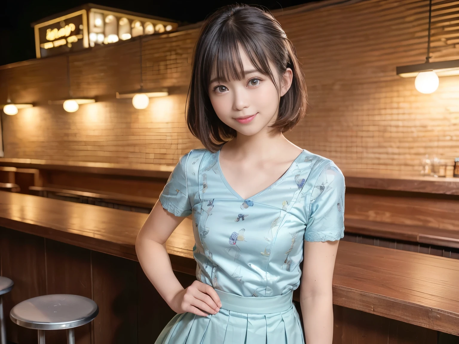 (Highest quality, masterpiece, Ultra-high resolution, 8K, RAW Photos, Realistic, Anatomically correct:1.5), (Stainless steel round bar fence:1.0, Put your elbow on the fence:1.2, 20-year-old、 Embarrassing,  blush:1.0, View Viewer, ((bar)) 、Night view、 Light:1.2, Bokeh, Cinema Lighting:1.0, Depth of written boundary, sharp、 Cute face、Idol、((Light blue short sleeve lace top))、((Black pleated skirt))、”dwarf”、(Floral clothes)、Full Body Shot、Cowboy Shot、(( smile))、(Straight bangs)、(Ultra short hair、Berry Short)、(( One Girl))