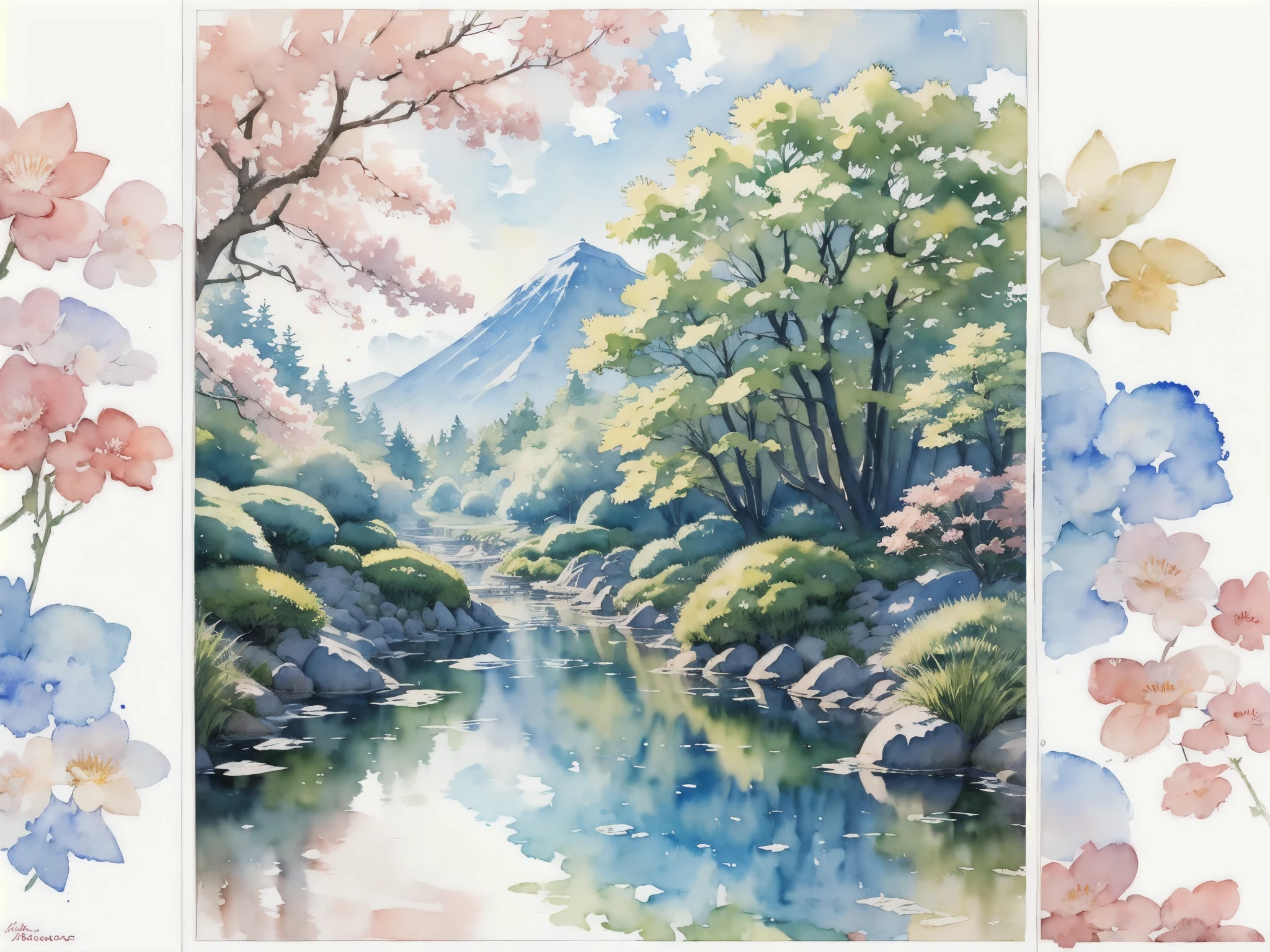 (masterpiece),(Highest quality:1.2),(Very detailed:1.2),(High resolution),(((watercolor))),8K,wallpaper,Japanese garden,summer
